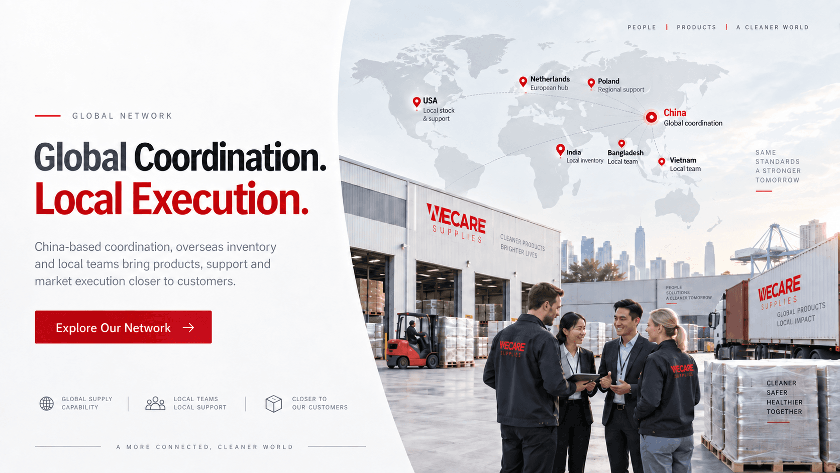 WECARE global network showing India and other self-owned inventory locations, global coordination and regional support