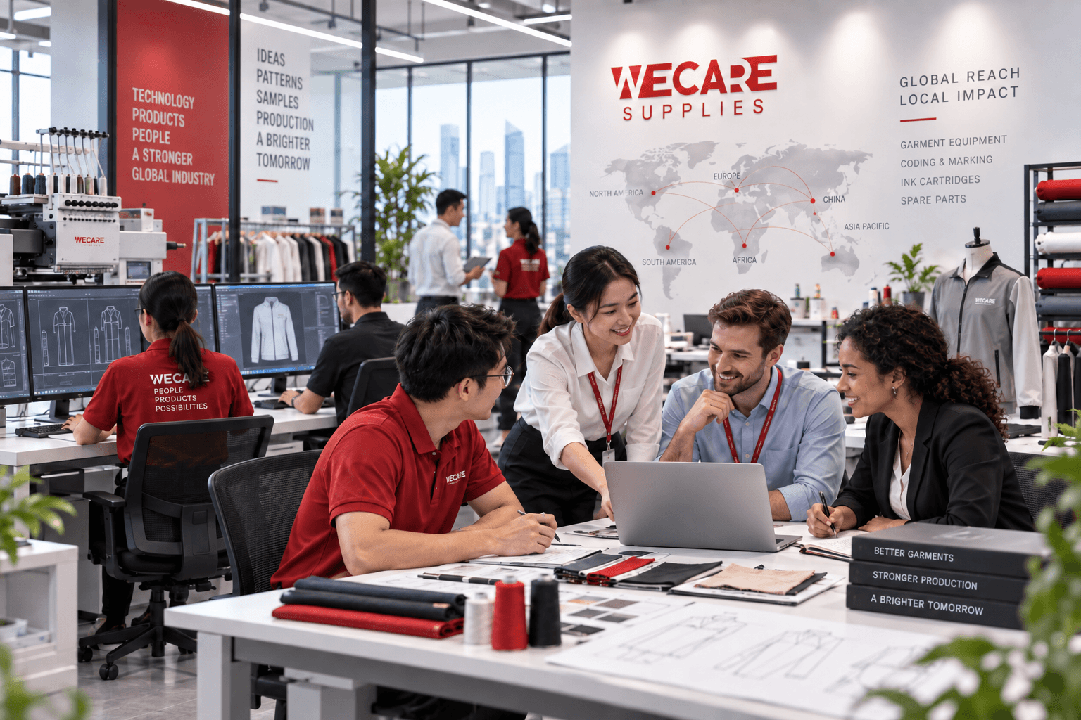 WECARE team collaborating in a garment technology workspace