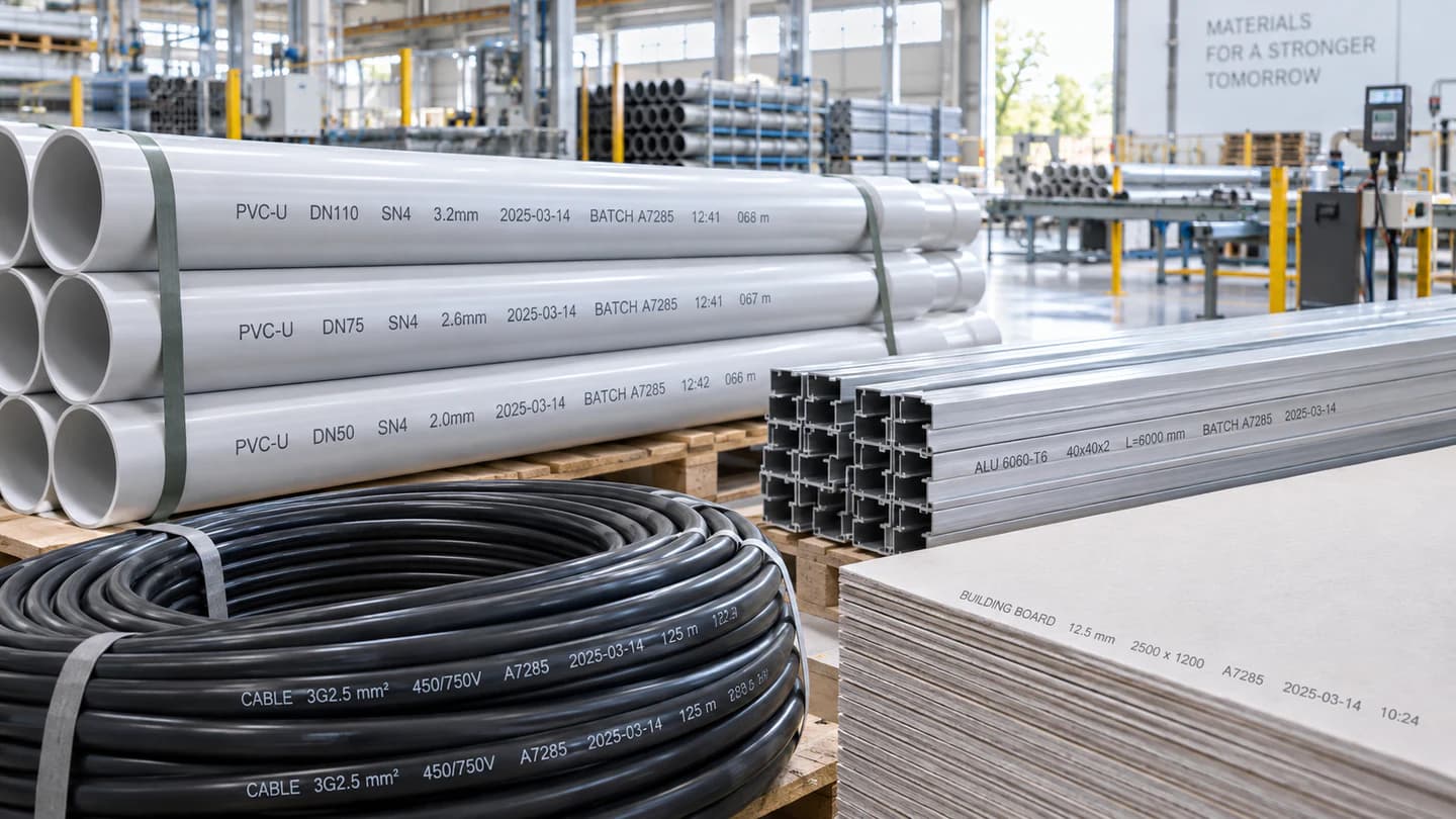 Industrial pipes and building materials with batch and specification coding