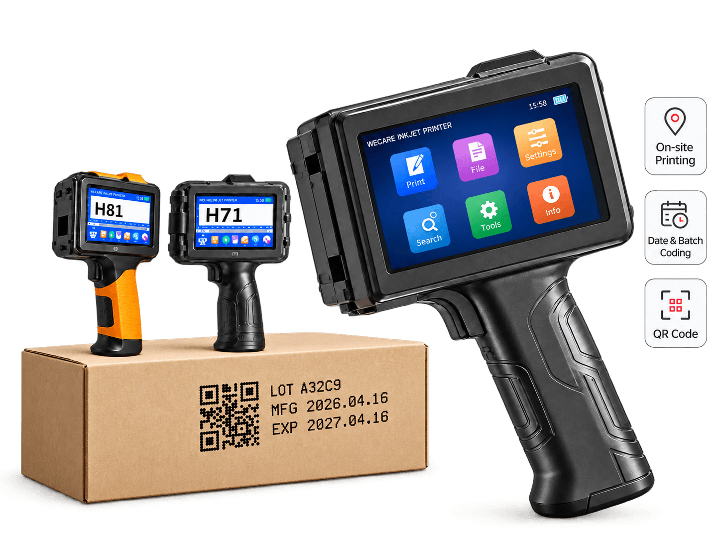 WECARE H81, H71 and H91 handheld coding printers applying date, batch and QR codes to a carton