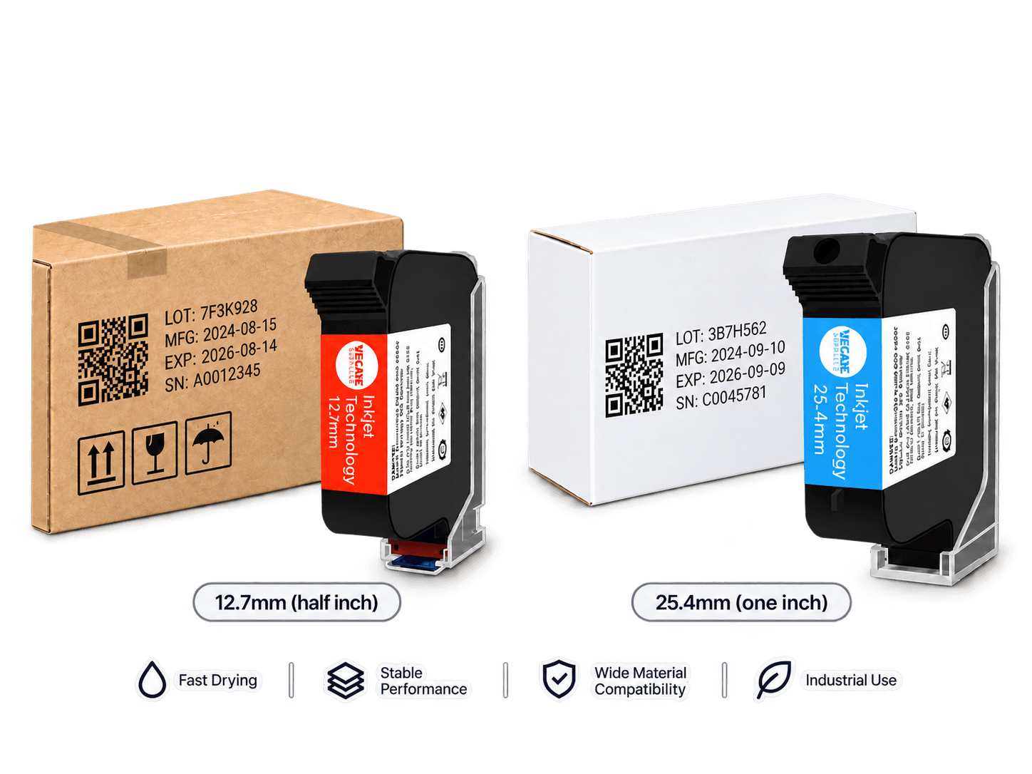 WECARE 12.7mm and 25.4mm fast-drying solvent ink cartridges with printed carton codes