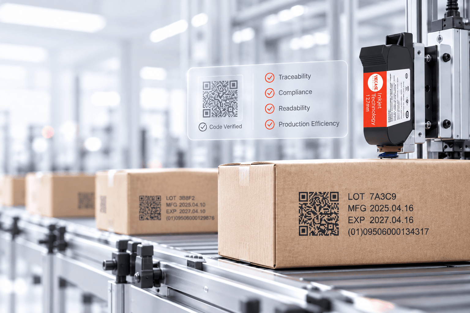 WECARE ink cartridge coding traceability information on cartons moving through a production line