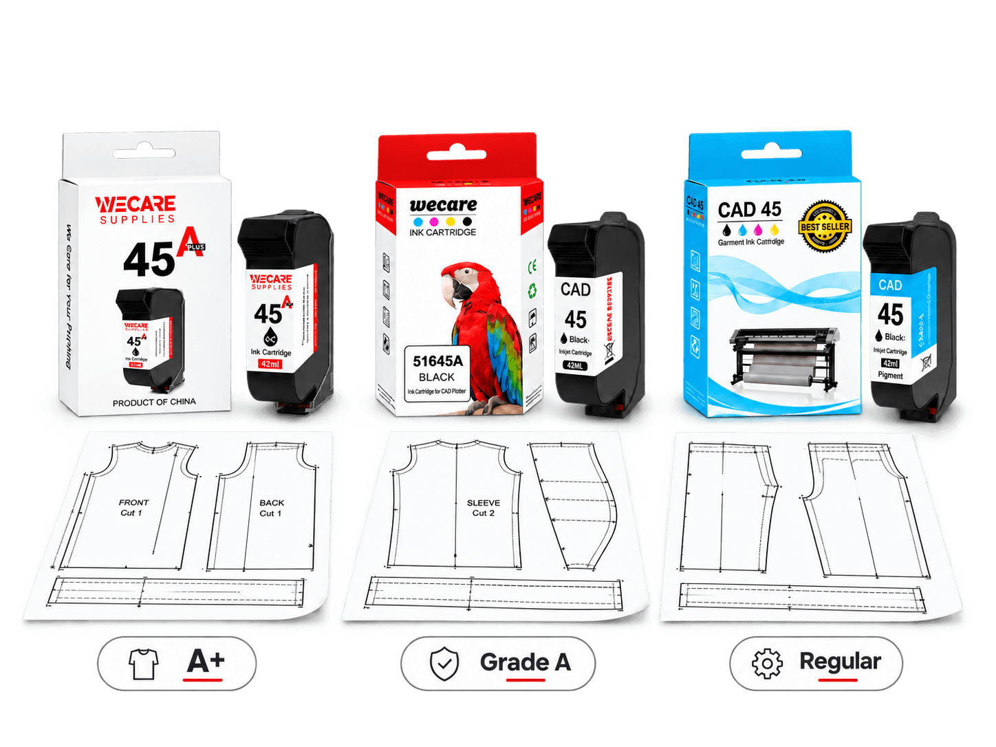 WECARE CAD 45 A+, Grade A and Regular ink cartridges with garment pattern output