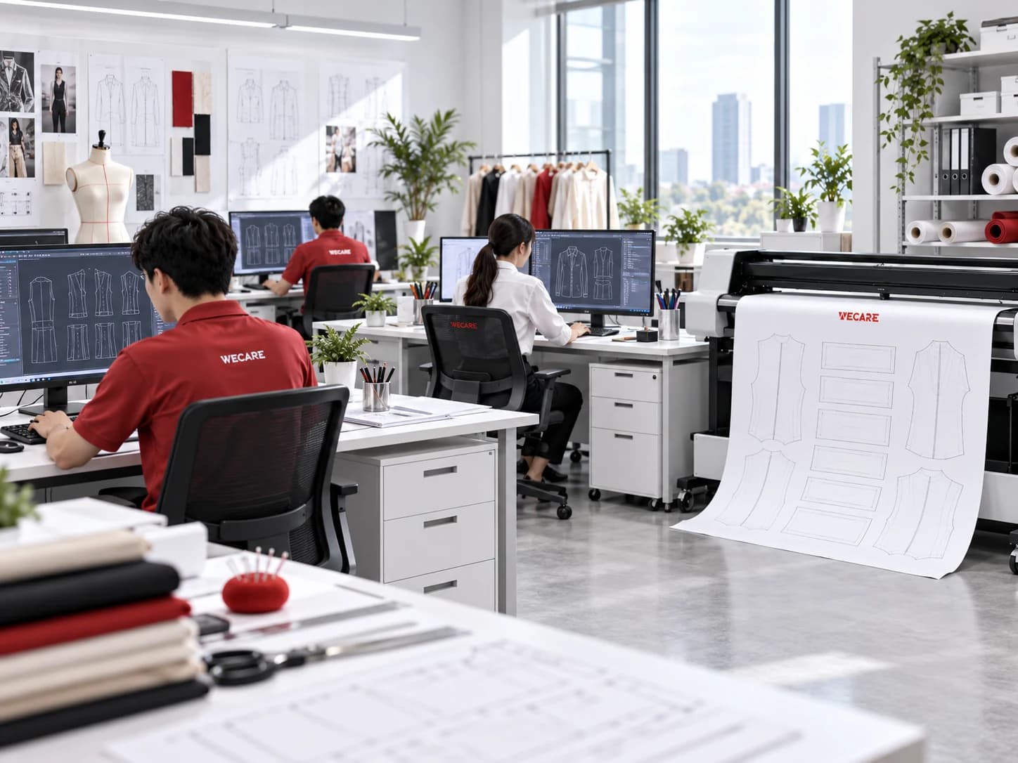 Garment CAD operators preparing digital patterns beside an active pattern plotter