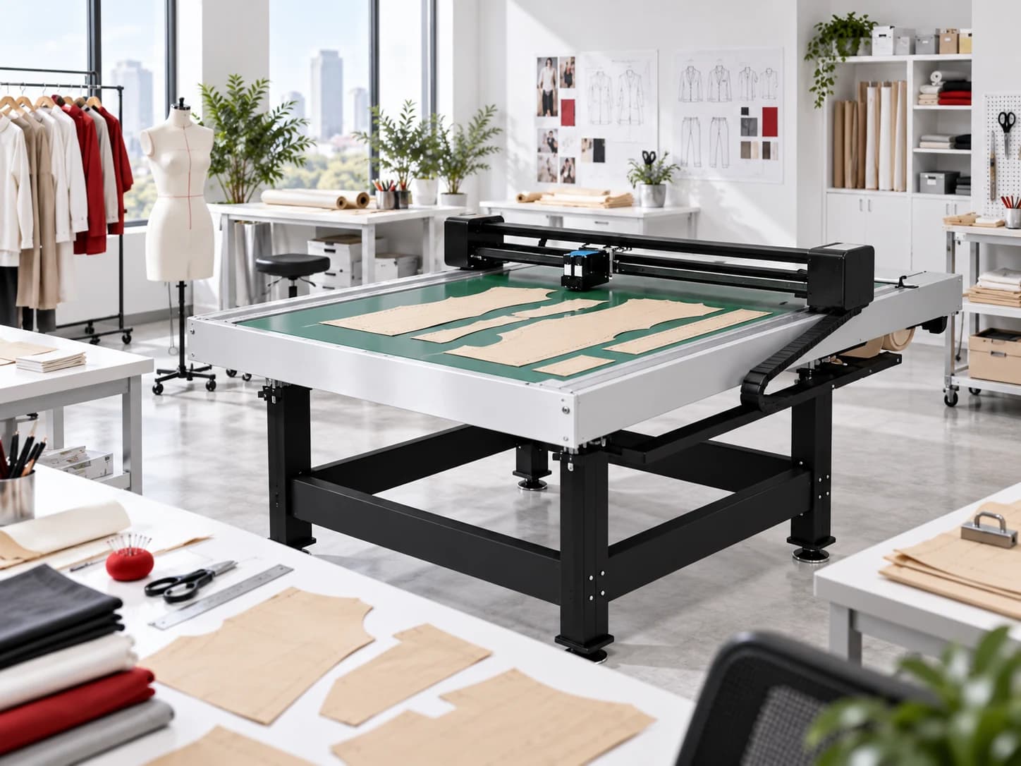 Flatbed pattern cutter marking garment pattern material in a bright production room