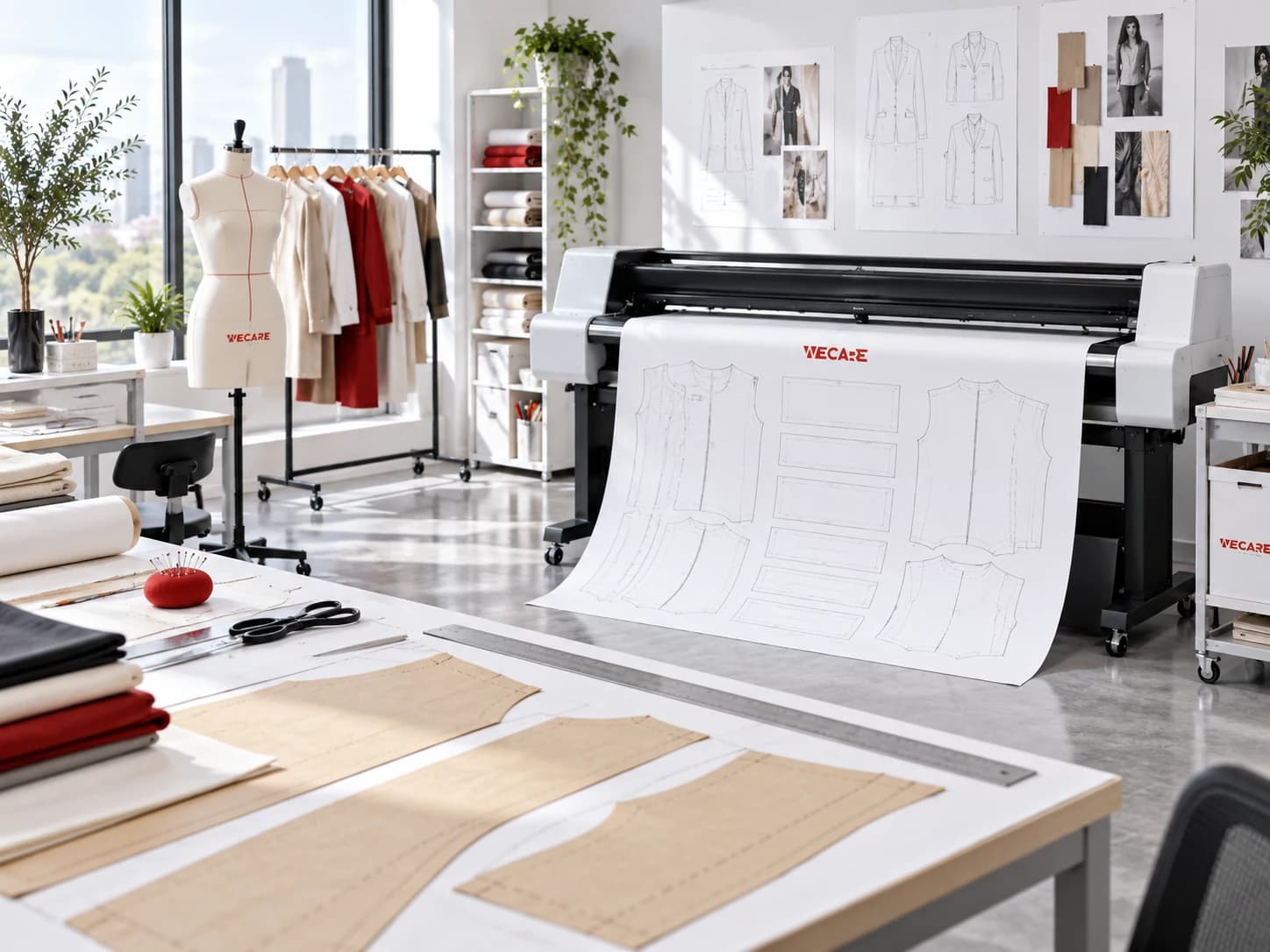 Garment CAD plotter printing full-size paper patterns in a bright pattern room