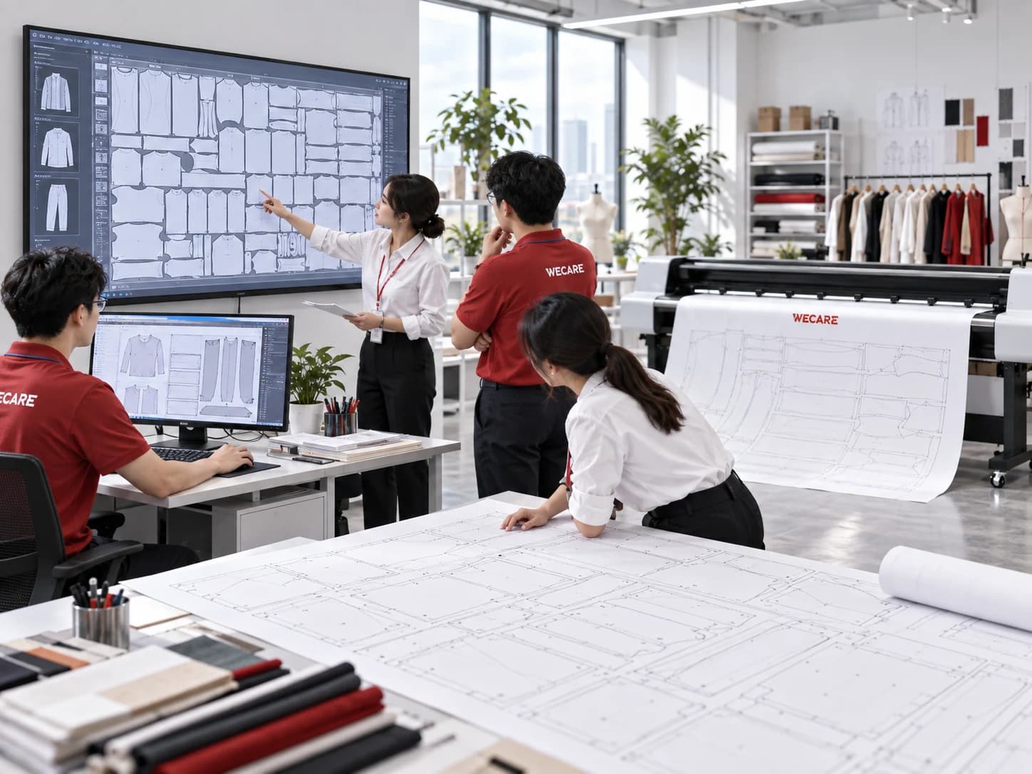 Garment CAD team reviewing a marker layout beside an active pattern plotter