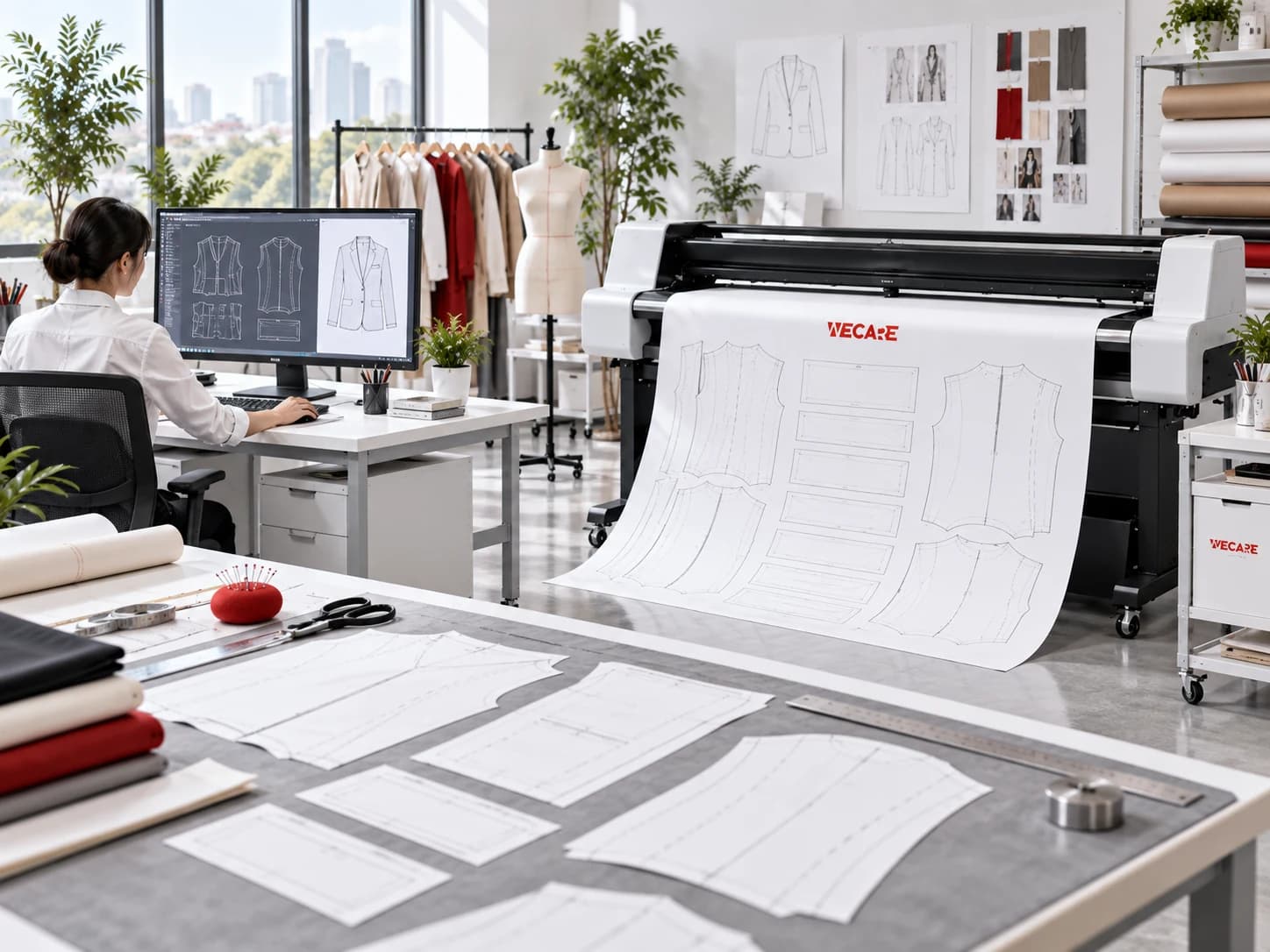 Garment CAD operator connecting digital pattern preparation with full-size plotted paper patterns