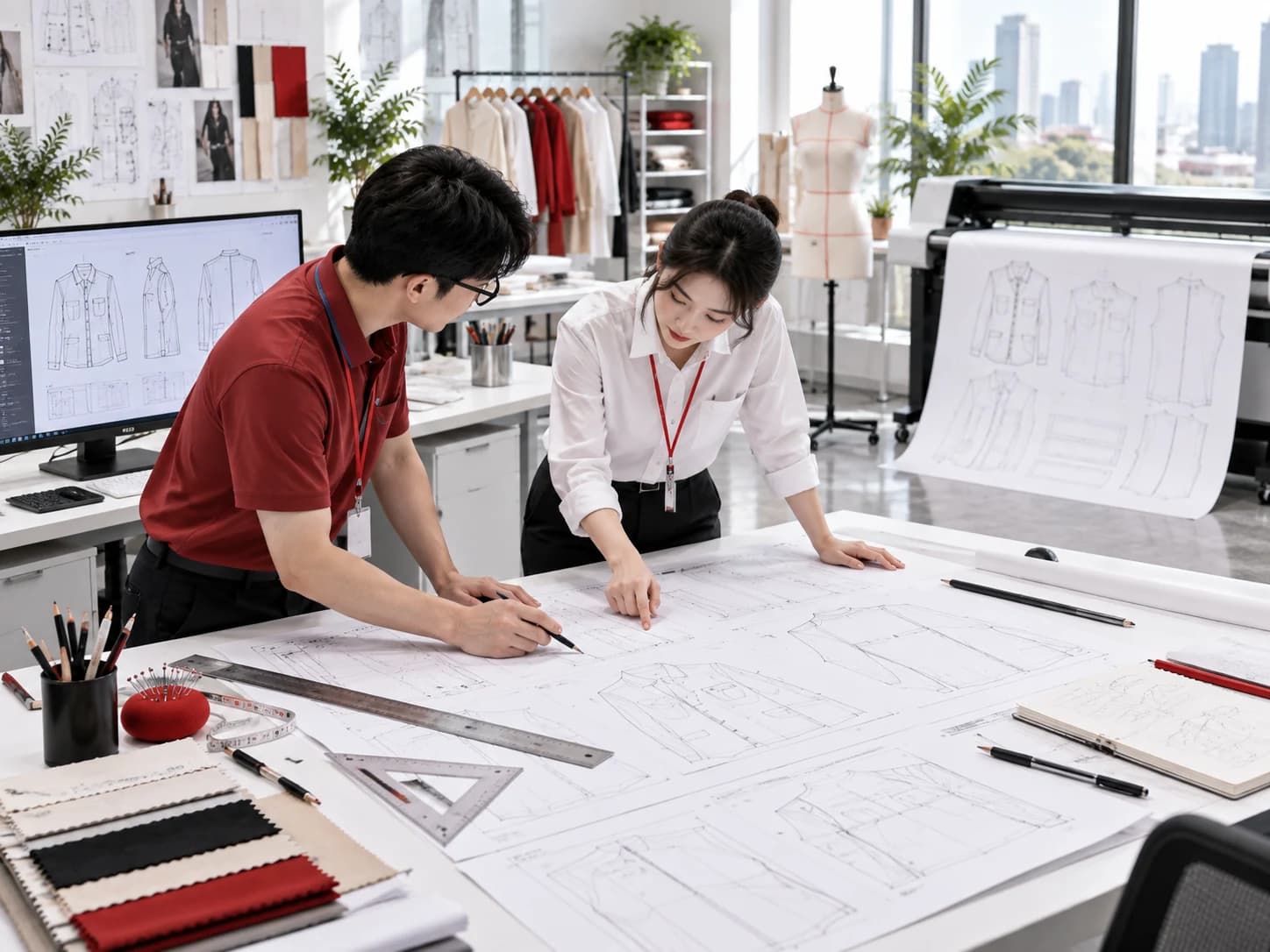 Garment technicians reviewing full-size technical pattern drawings beside a CAD plotter
