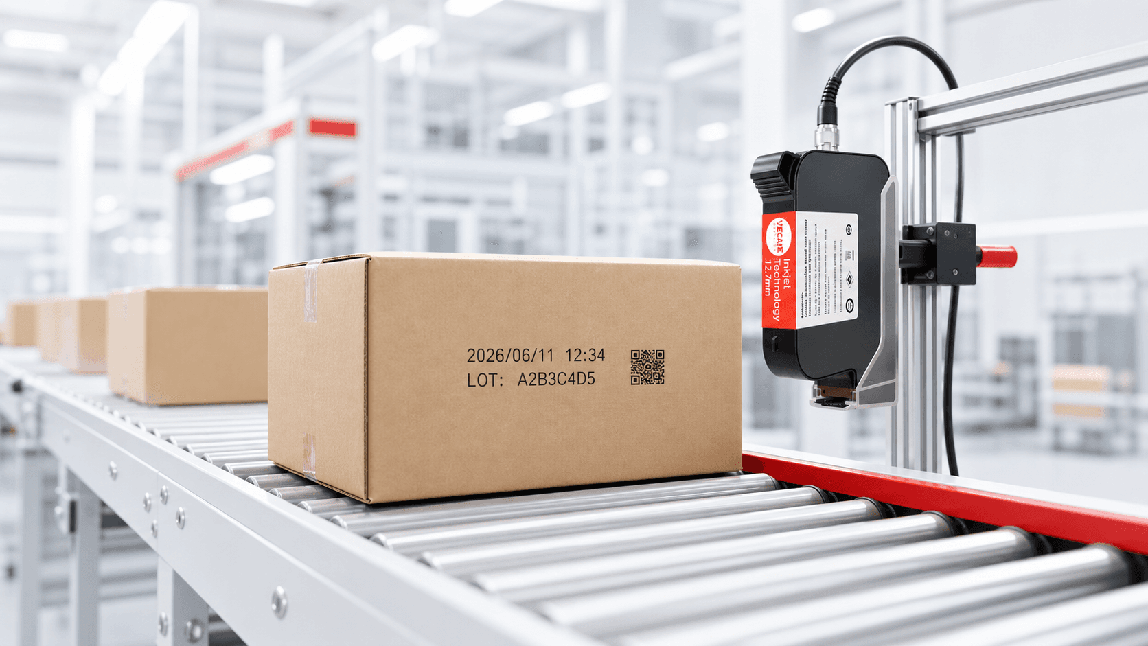 Compact carton production line with repeatable date, lot and QR coding