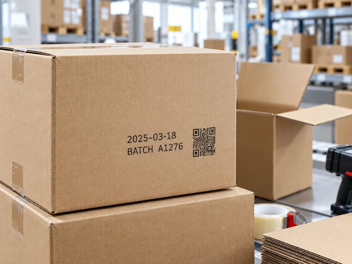 Shipping cartons with date, batch and QR identification coding