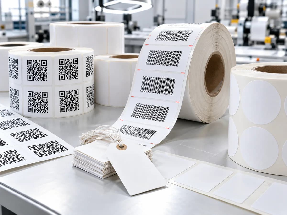 Labels and product tags with barcode and QR identification coding