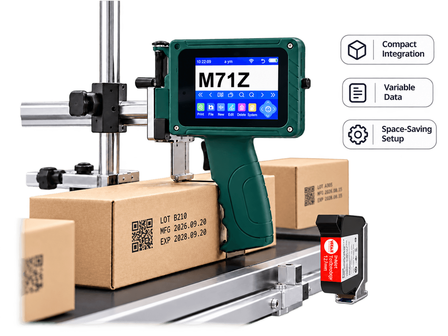 WECARE M71Z mini coding printer applying variable data and QR codes to cartons with a TIJ cartridge