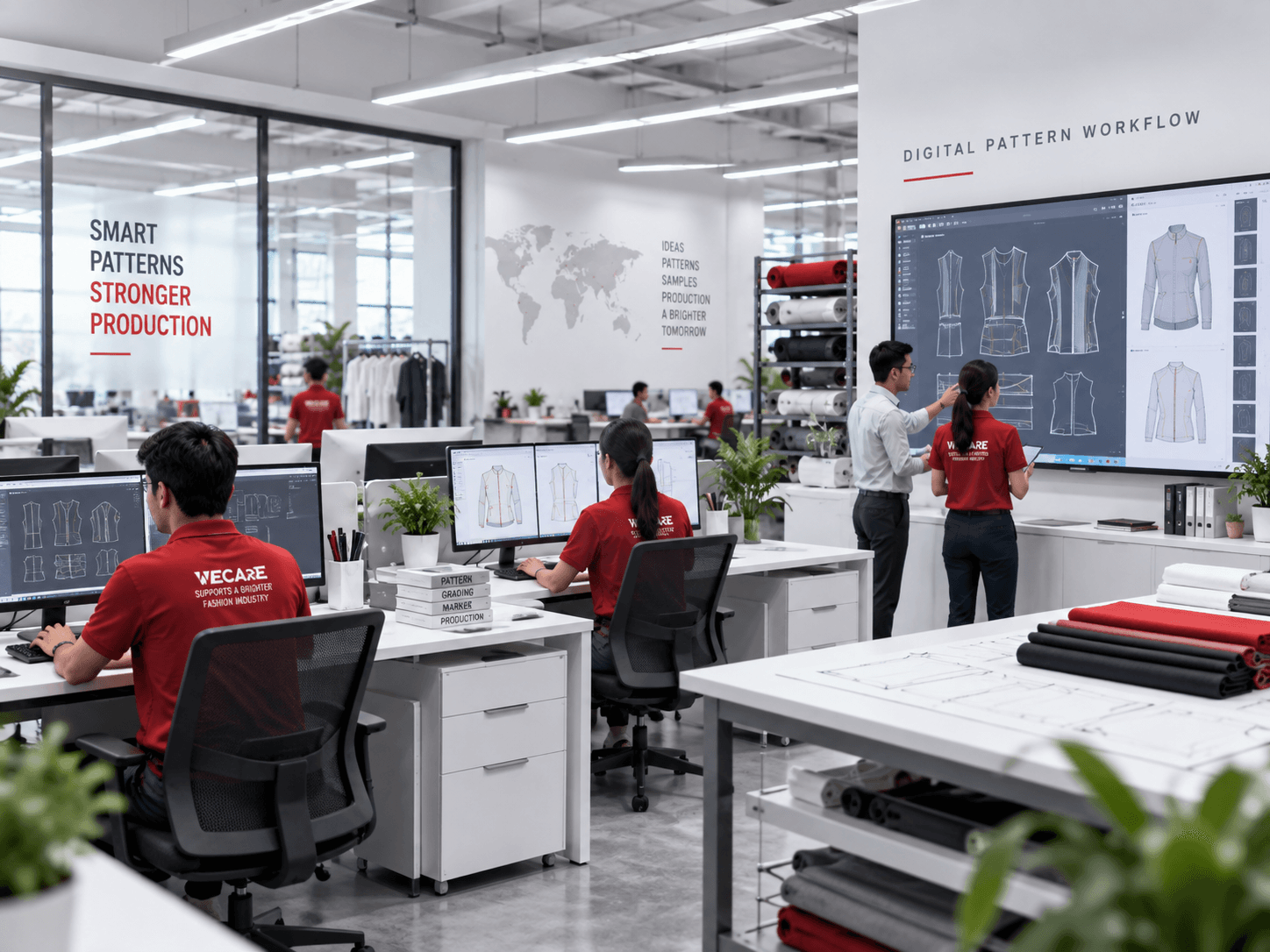 Garment CAD room with digital pattern development workstations