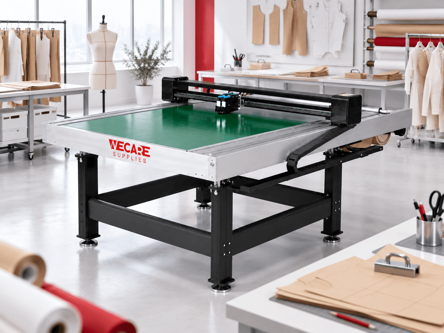 WECARE Flatbed Pattern Cutter in a garment production preparation room
