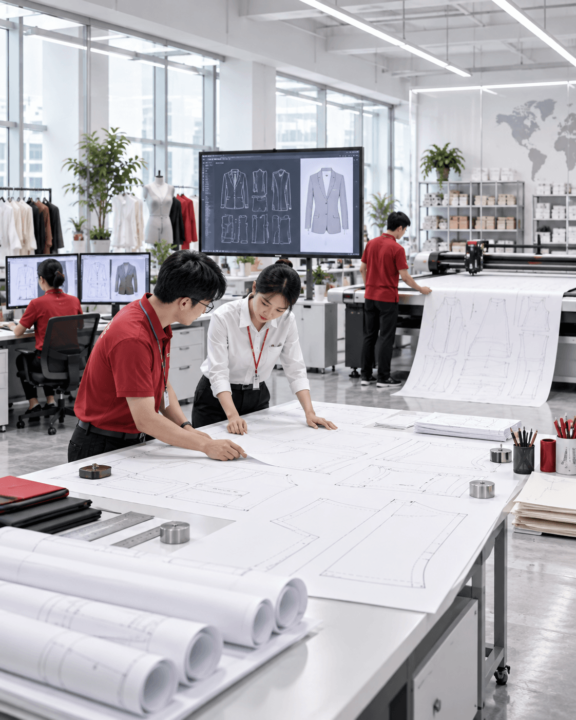 Garment sample room team reviewing paper patterns beside a flatbed pattern cutter