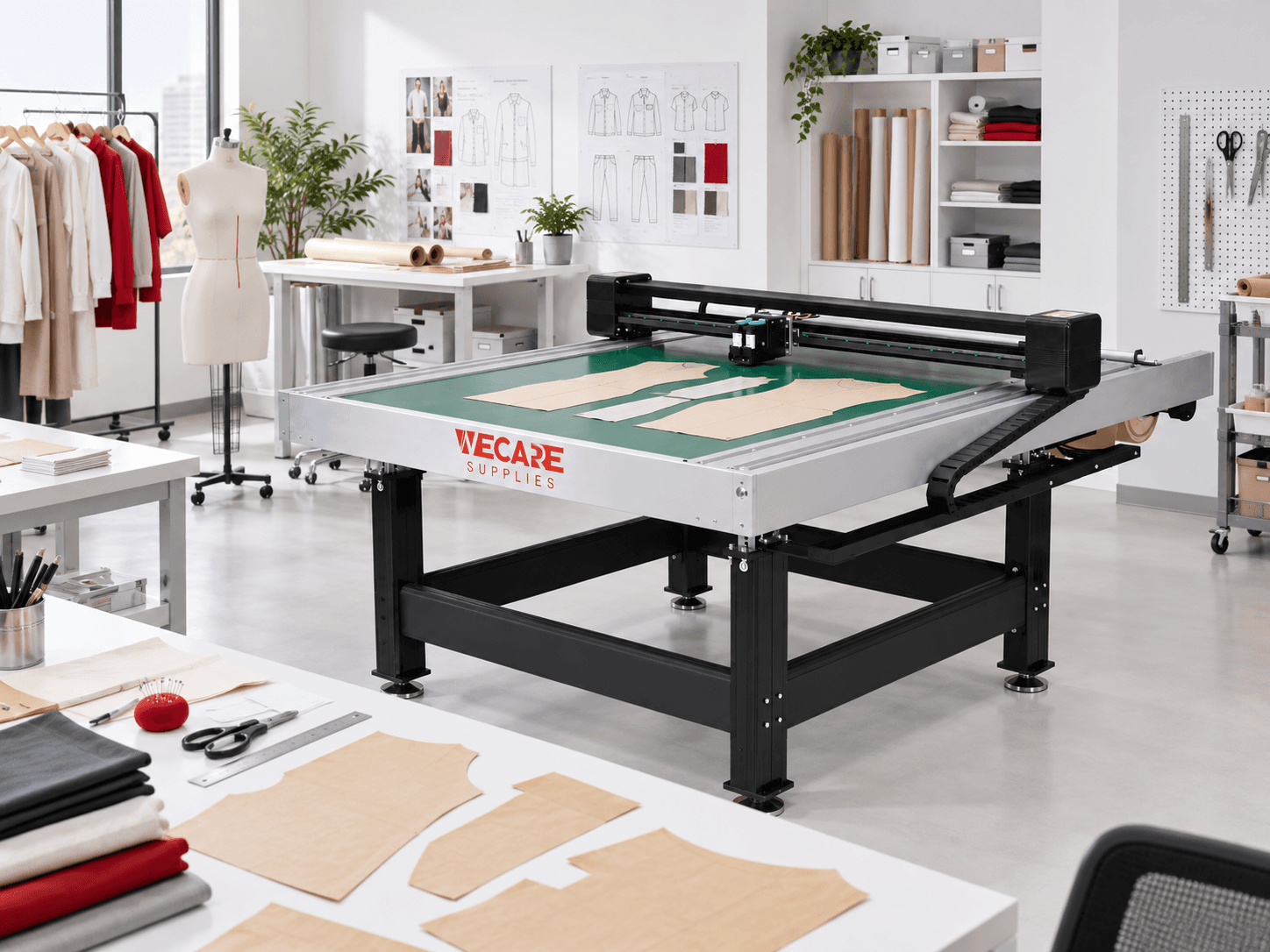 WECARE Flatbed Pattern Cutter in a garment sample and pattern room
