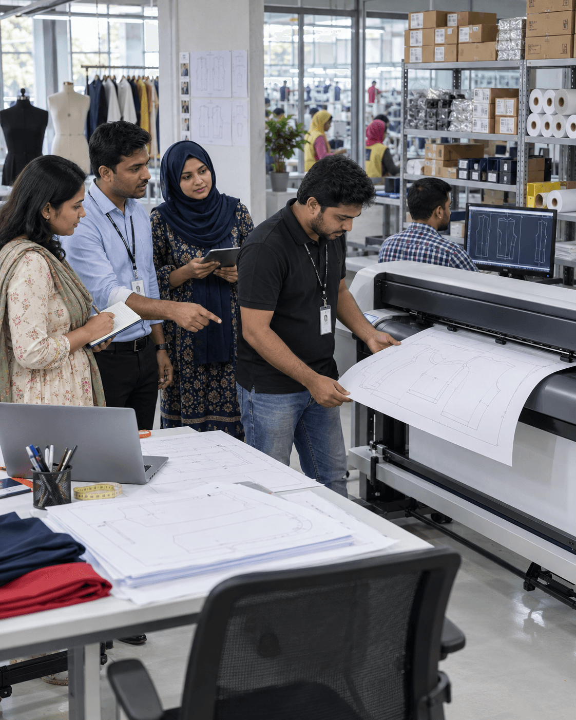 Bangladeshi sales and technical support team assisting garment CAD printing operations