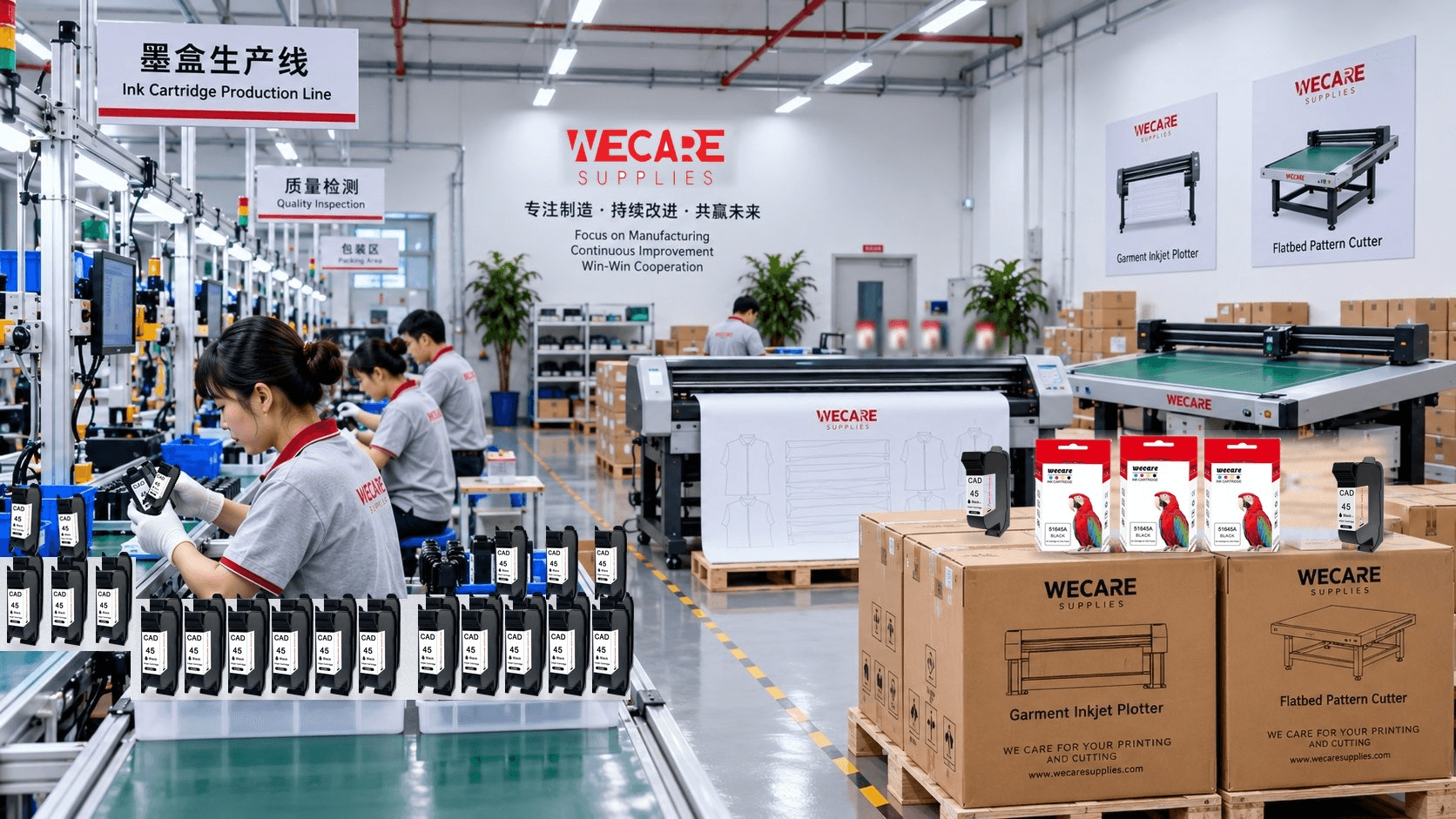 WECARE ink cartridge production line with garment plotter, flatbed cutter and finished products