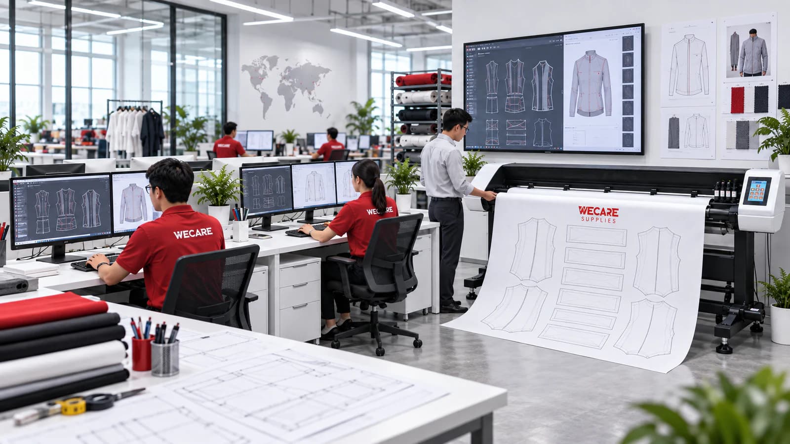 WECARE garment CAD plotter printing garment patterns in a professional CAD room