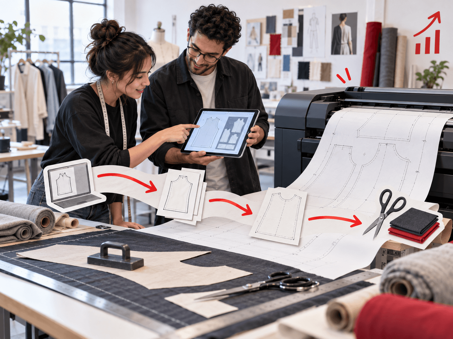 Two specialists tracing a garment CAD workflow from digital pattern to cutting preparation
