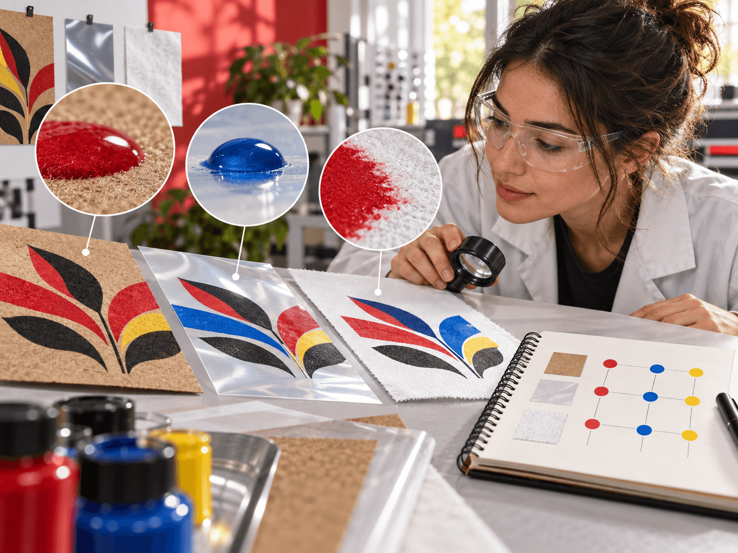 An engineer comparing ink behavior across paper, film and textile materials