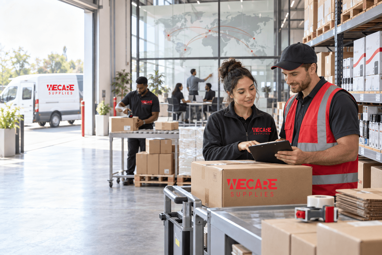 A WECARE partner warehouse team coordinating local inventory and delivery with an international support team