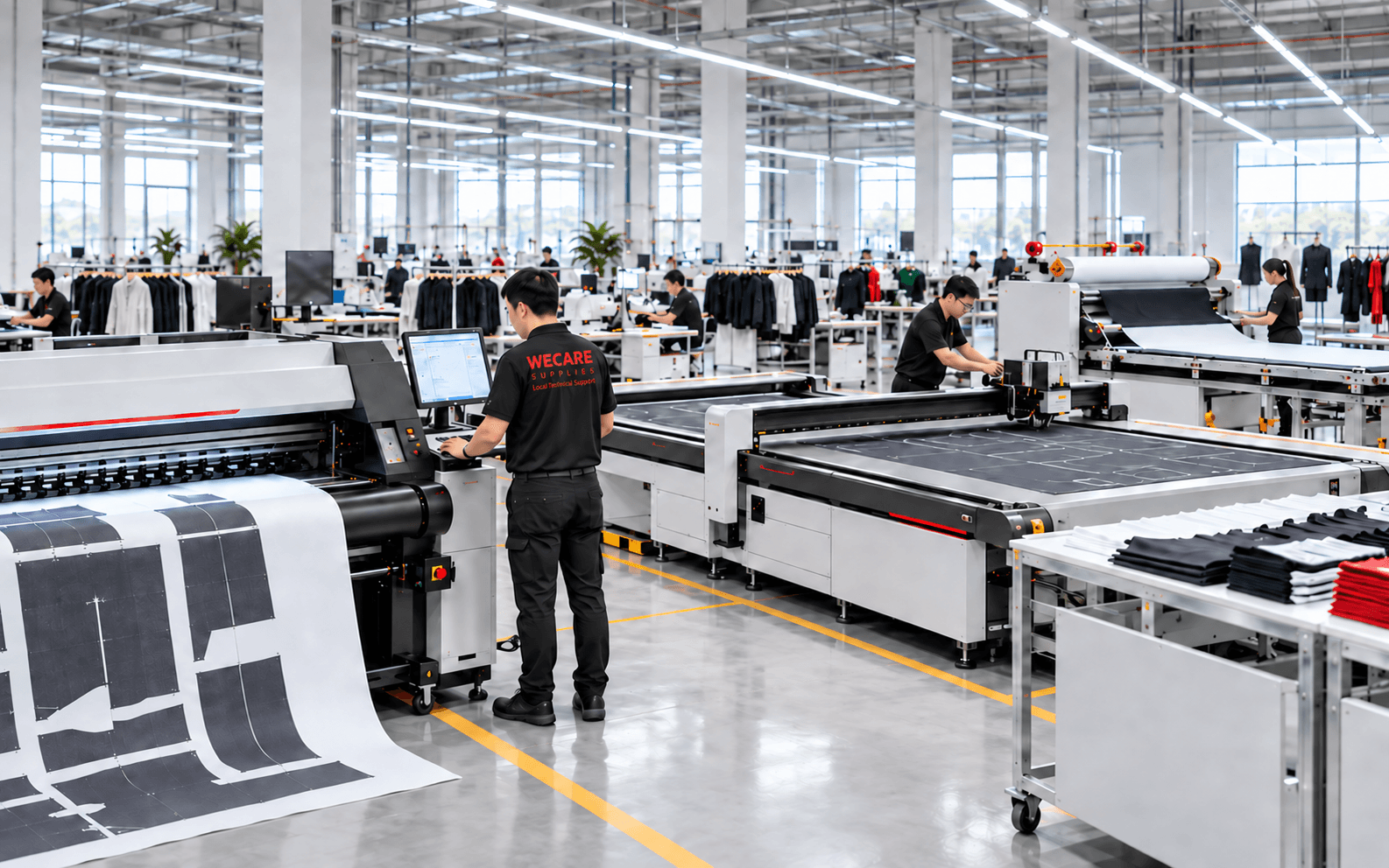 WECARE technicians supporting garment production equipment in a modern facility
