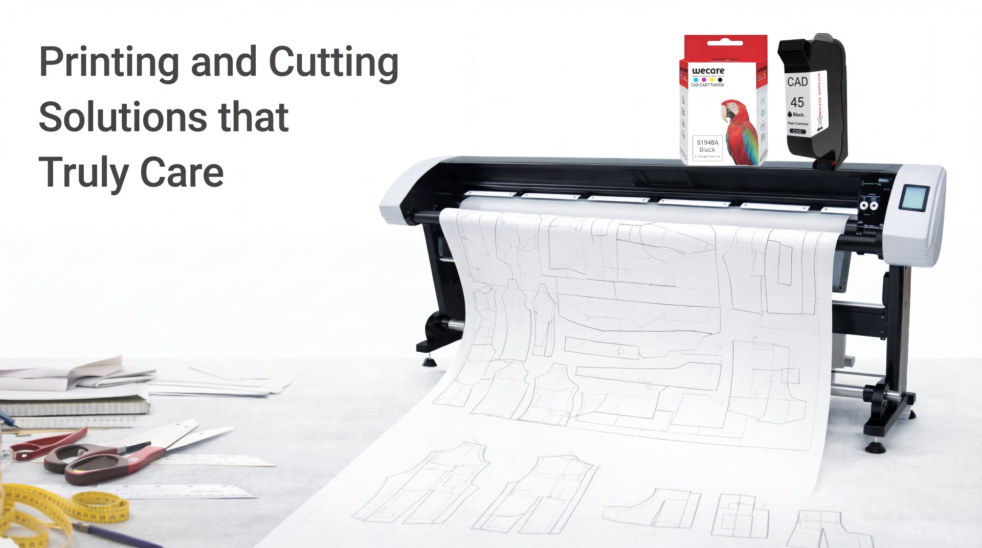 Large plotter printer with a roll of paper and ink cartridge on a white background, featuring text 'Printing and Cutting Solutions that Truly Care'.