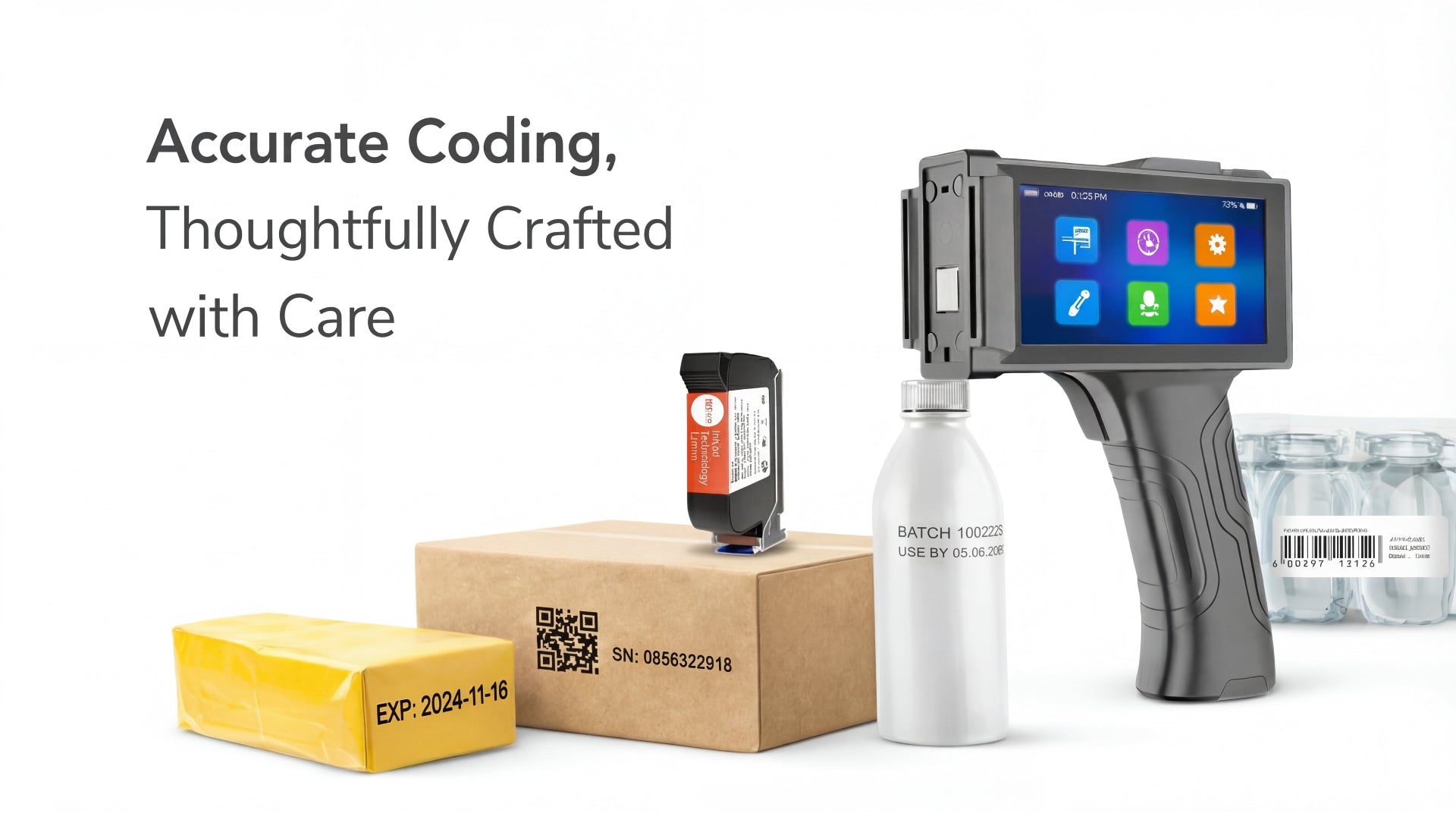Barcode scanner and labeled products with text 'Accurate Coding, Thoughtfully Crafted with Care' on a white background