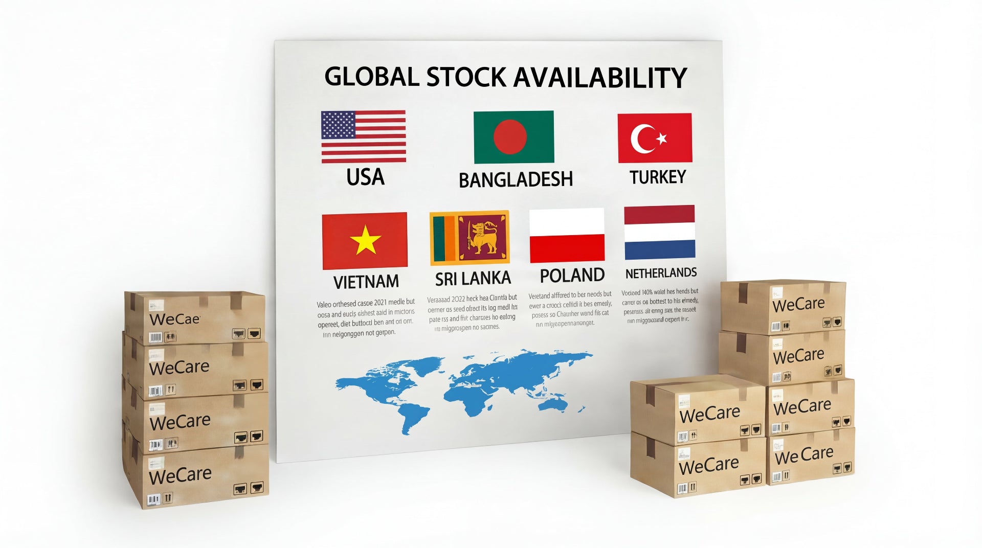 Cartons labeled 'WeCare' with a world map and flags on a white background